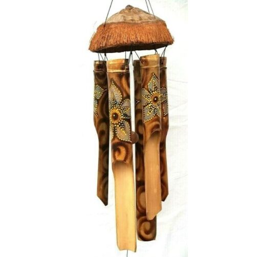 BAMBOO CHIME Dot Painted FLOWERS 45 CM Beautiful Melodic Sound. Bali Box